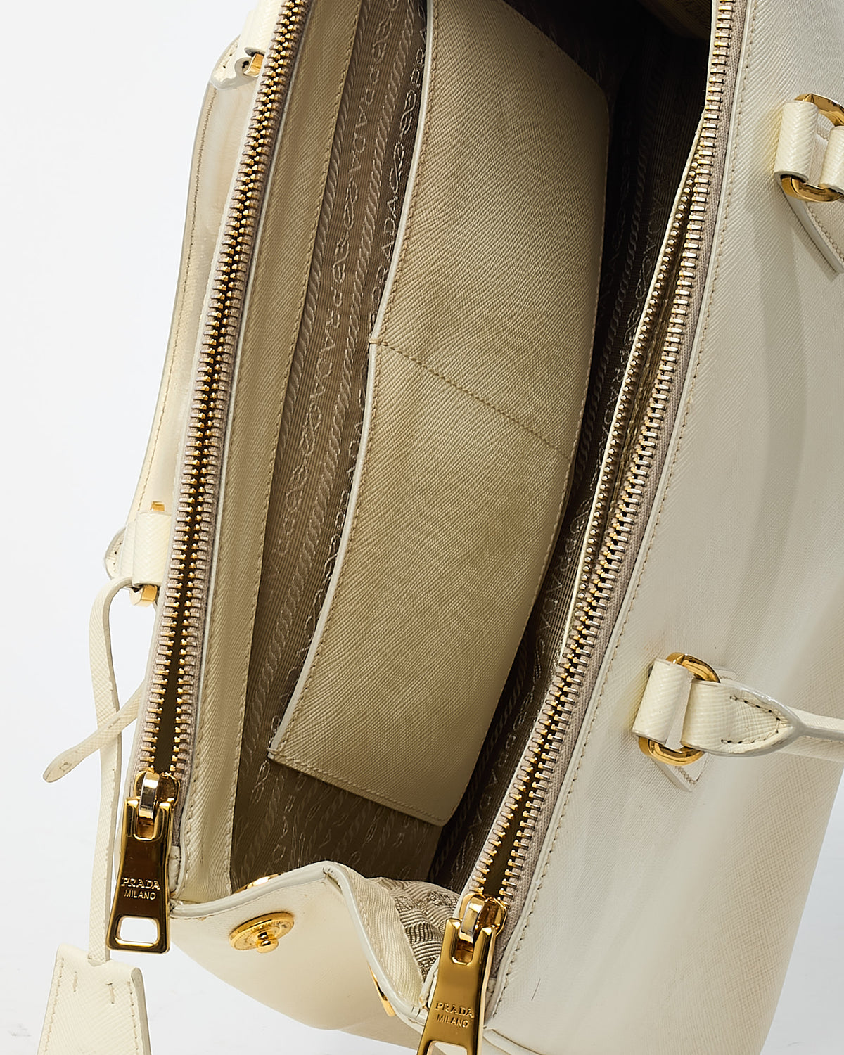 Prada White Saffiano Leather Medium Galleria Double Zip Tote (No Strap)
