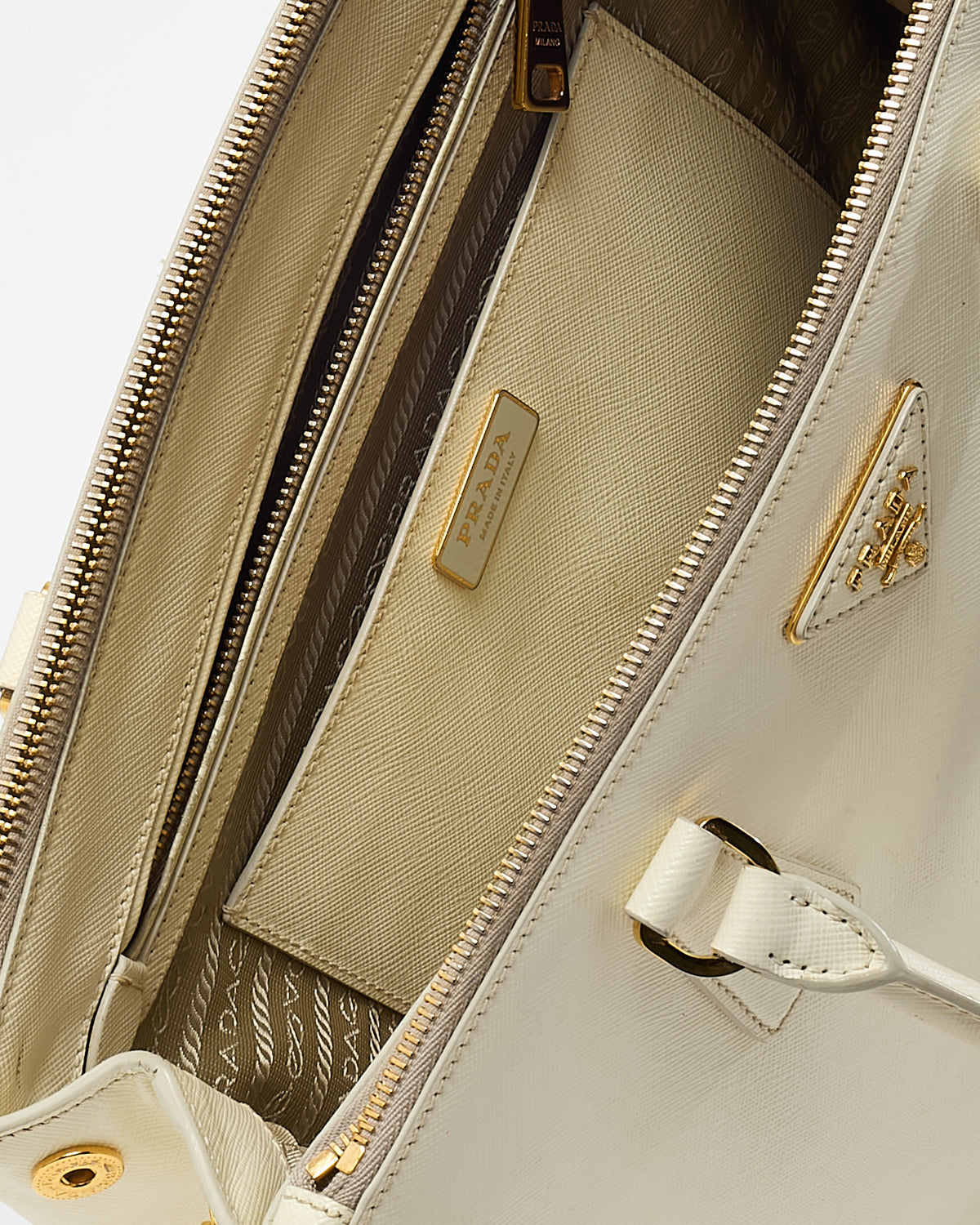 Prada White Saffiano Leather Medium Galleria Double Zip Tote (No Strap)