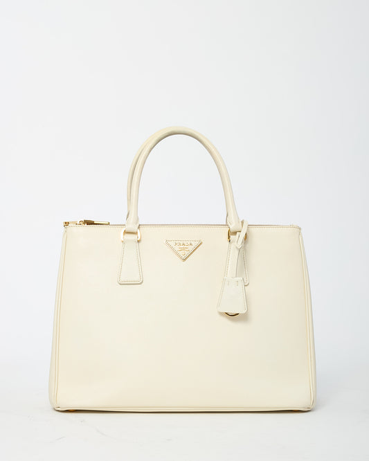 Prada White Saffiano Leather Medium Galleria Double Zip Tote (No Strap)