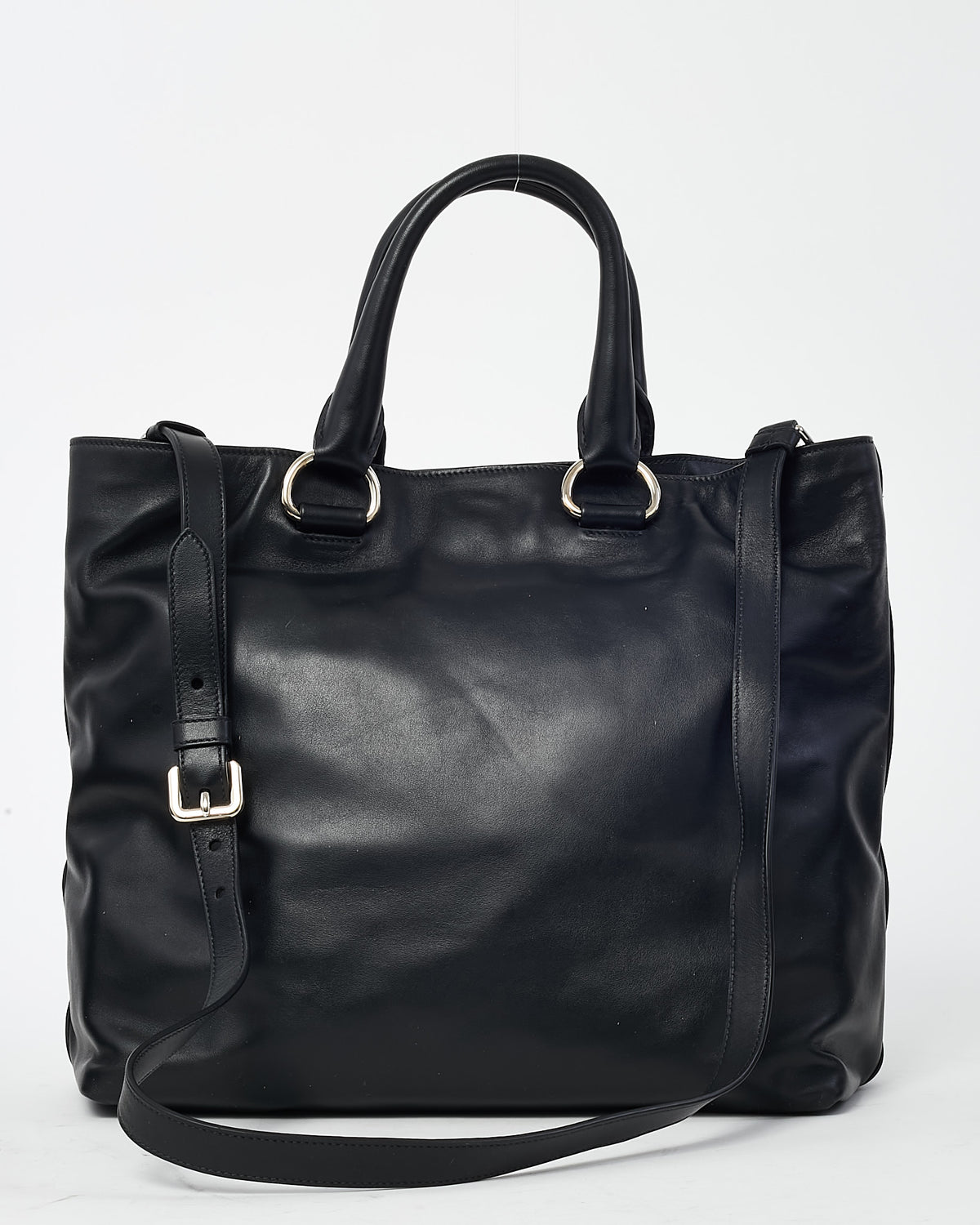 Prada Black Vitello Daino Leather 2Way Tote with Strap SHW