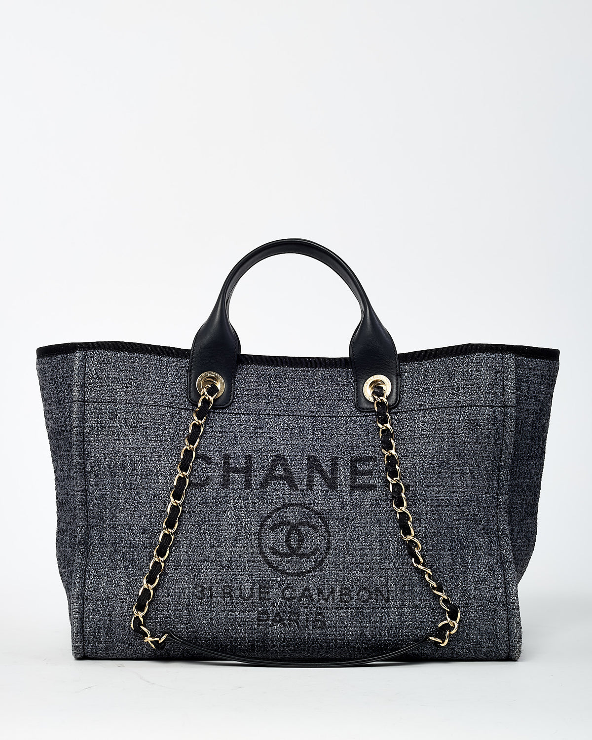 Chanel Dark Grey and Black Lurex Boucle Tweed Chanel Logo Medium Deauville Tote GHW