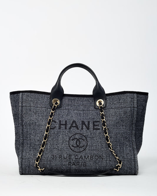 Chanel Dark Grey and Black Lurex Boucle Tweed Chanel Logo Medium Deauville Tote GHW