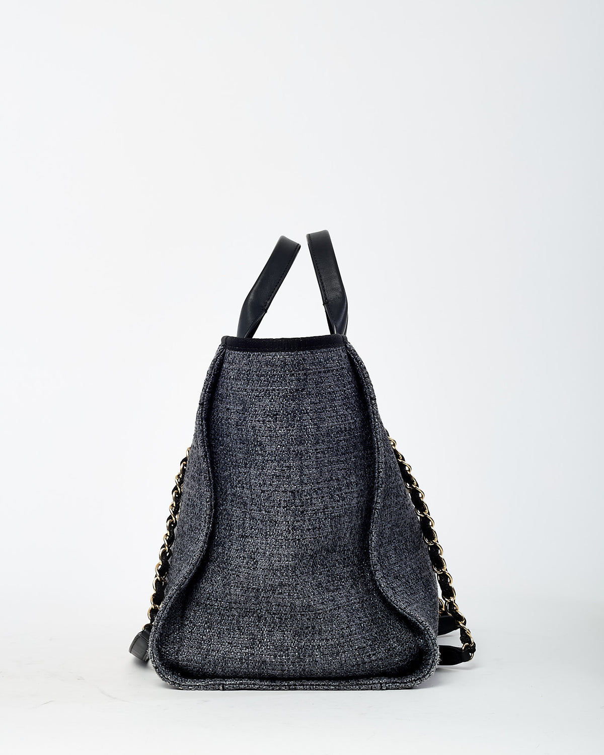 Chanel Dark Grey and Black Lurex Boucle Tweed Chanel Logo Medium Deauville Tote GHW