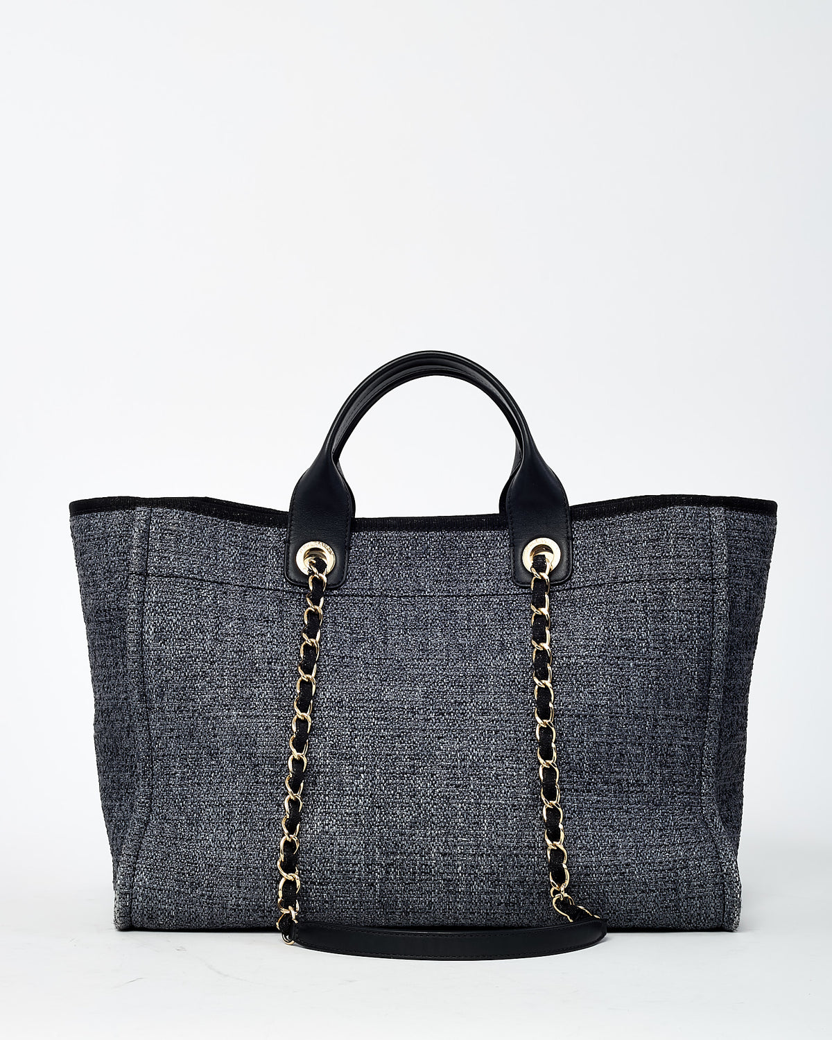 Chanel Dark Grey and Black Lurex Boucle Tweed Chanel Logo Medium Deauville Tote GHW
