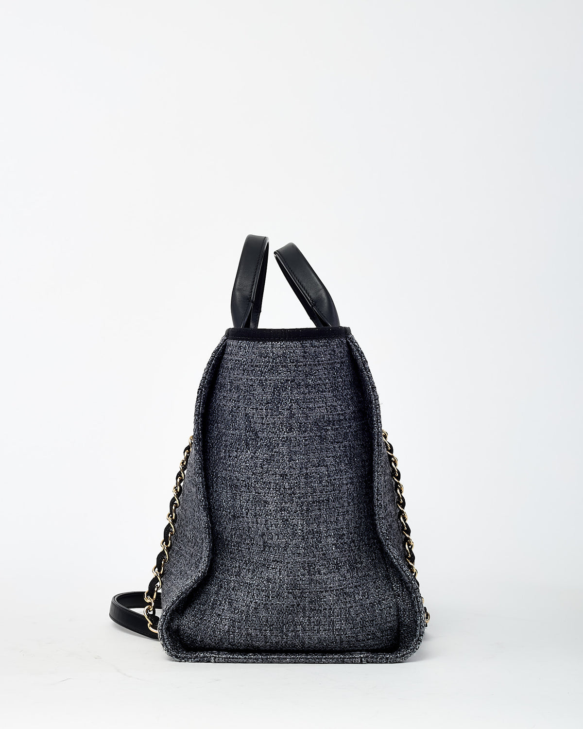 Chanel Dark Grey and Black Lurex Boucle Tweed Chanel Logo Medium Deauville Tote GHW