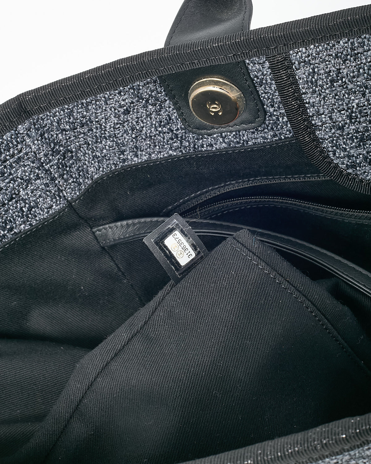 Chanel Dark Grey and Black Lurex Boucle Tweed Chanel Logo Medium Deauville Tote GHW