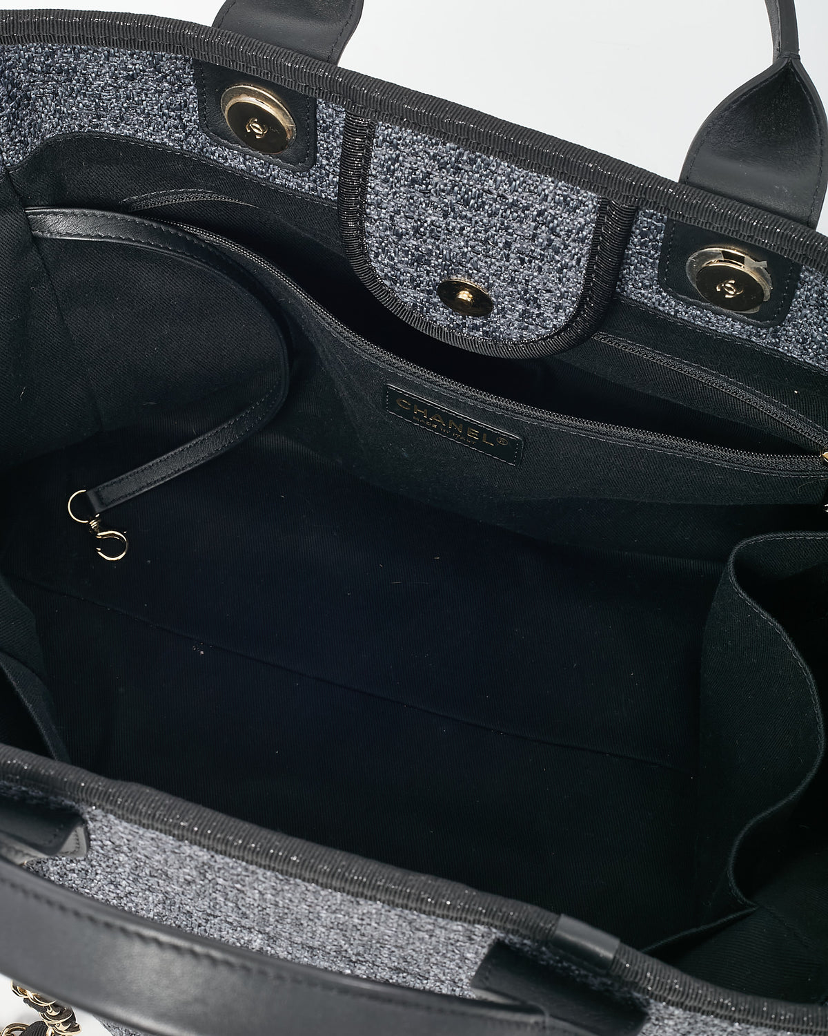 Chanel Dark Grey and Black Lurex Boucle Tweed Chanel Logo Medium Deauville Tote GHW