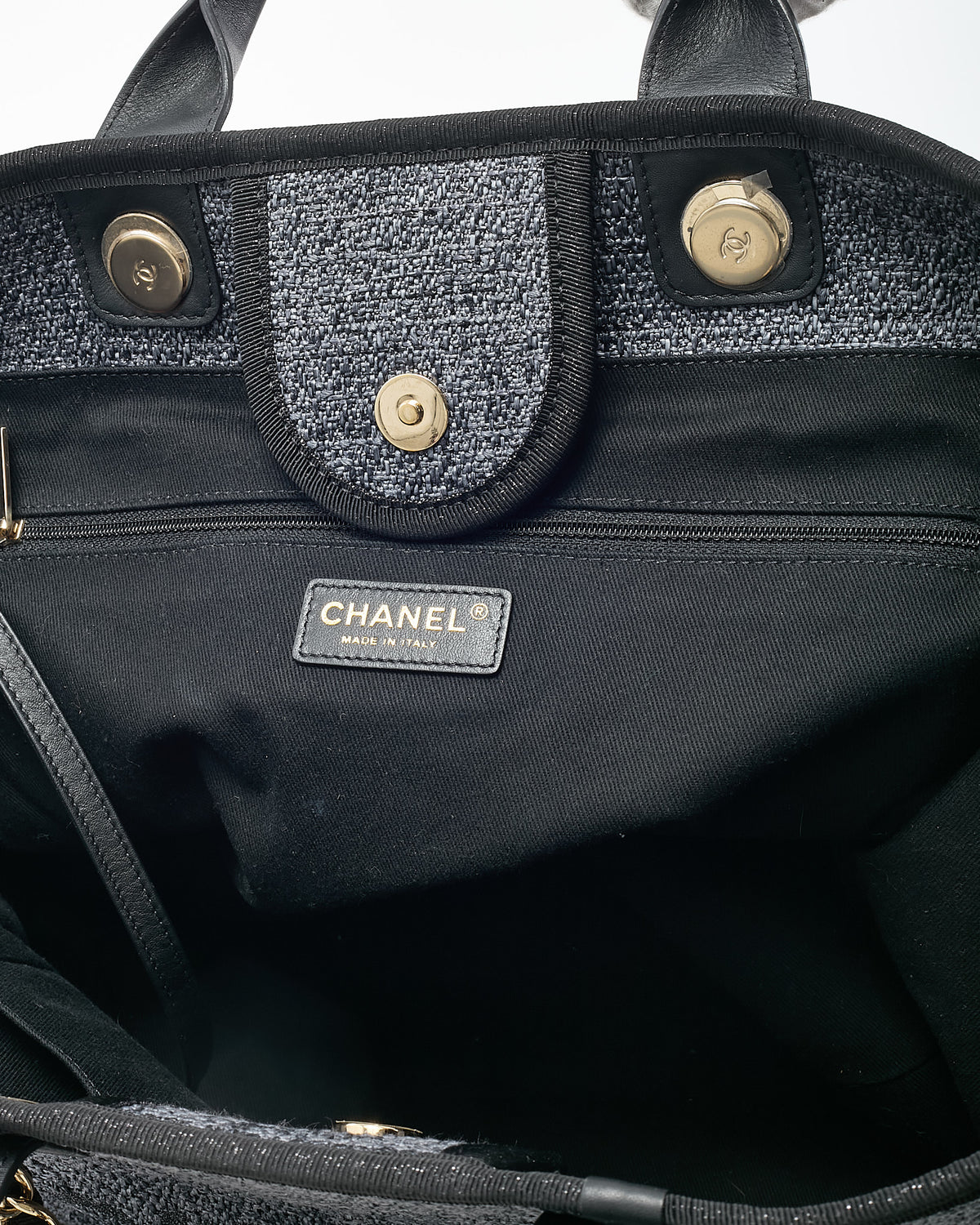 Chanel Dark Grey and Black Lurex Boucle Tweed Chanel Logo Medium Deauville Tote GHW