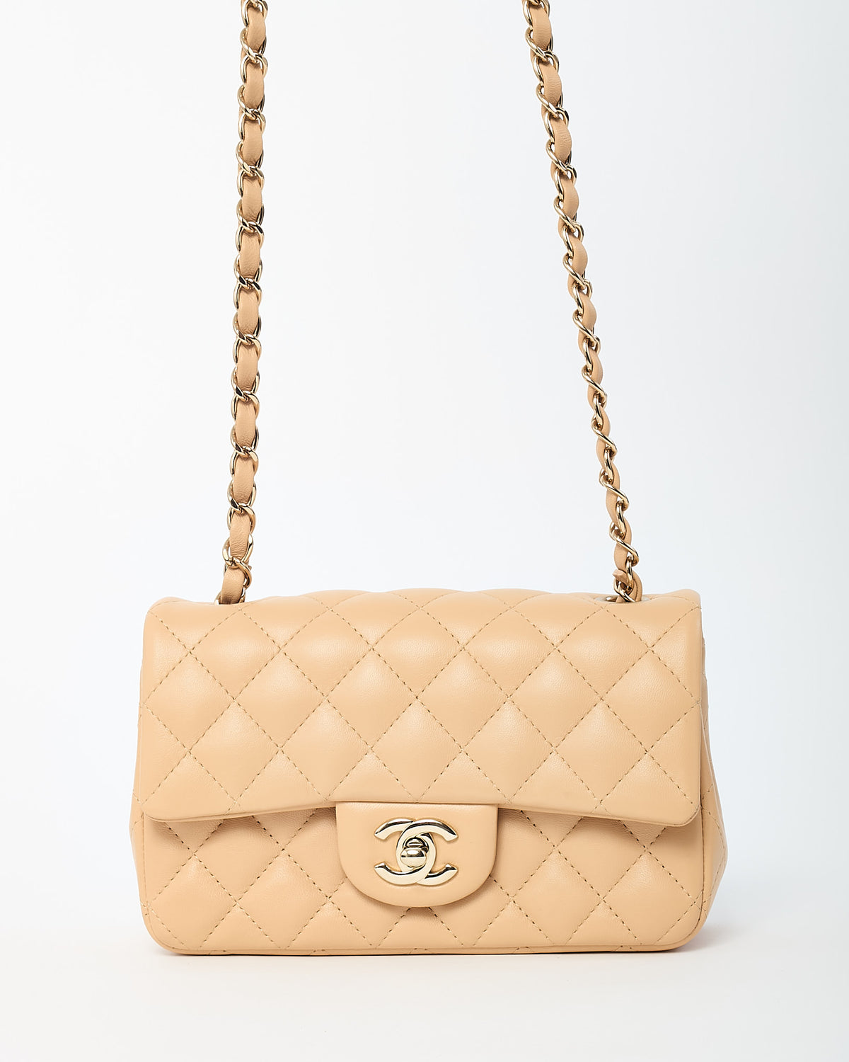 Chanel Beige Lambskin Quilted Leather Rectangular Mini Flap Bag GHW
