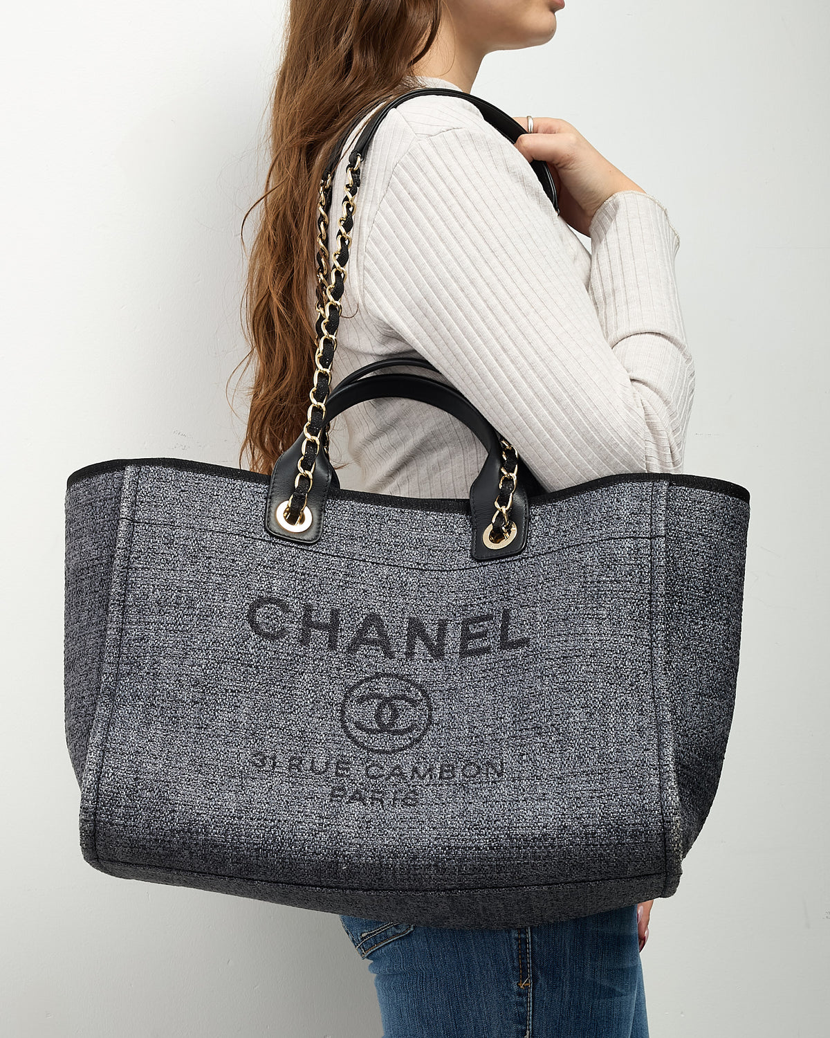 Chanel Dark Grey and Black Lurex Boucle Tweed Chanel Logo Medium Deauville Tote GHW