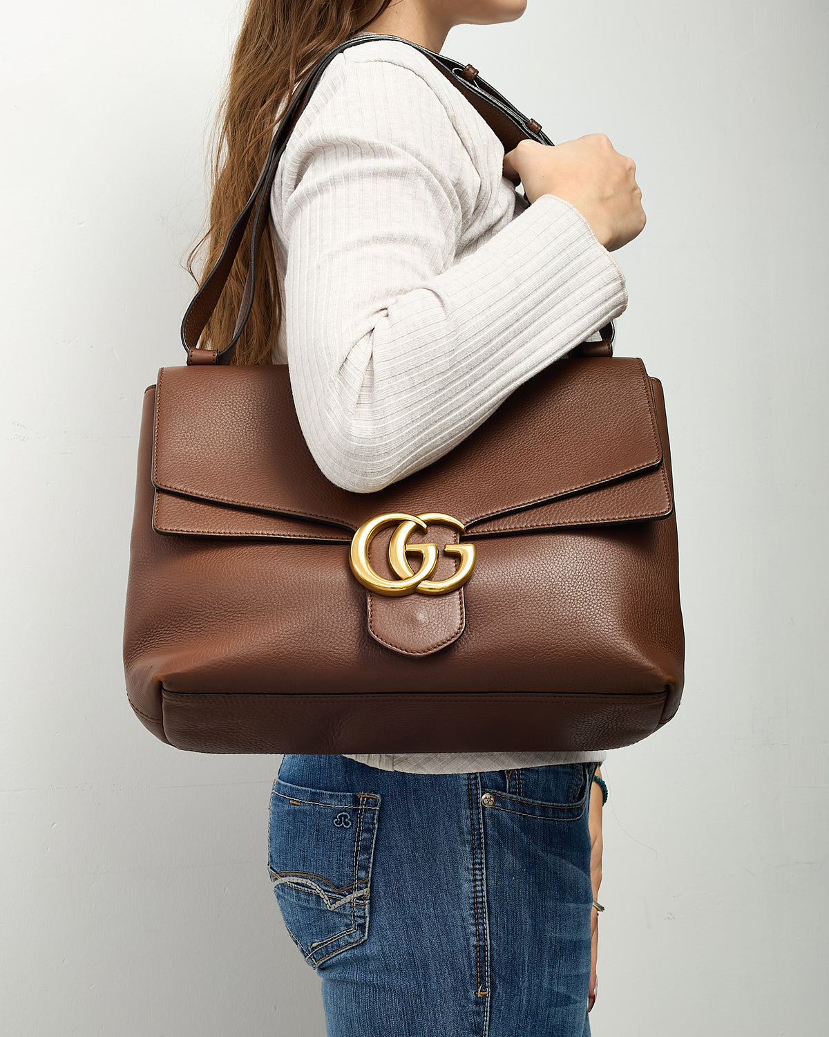 Gucci Brown Pebbled Leather GG Marmont Large Messenger Shoulder Bag
