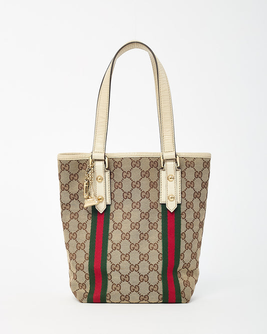 Gucci White Leather and Beige/Brown GG Monogram Canvas Jolicoeur Mini Tote Bag