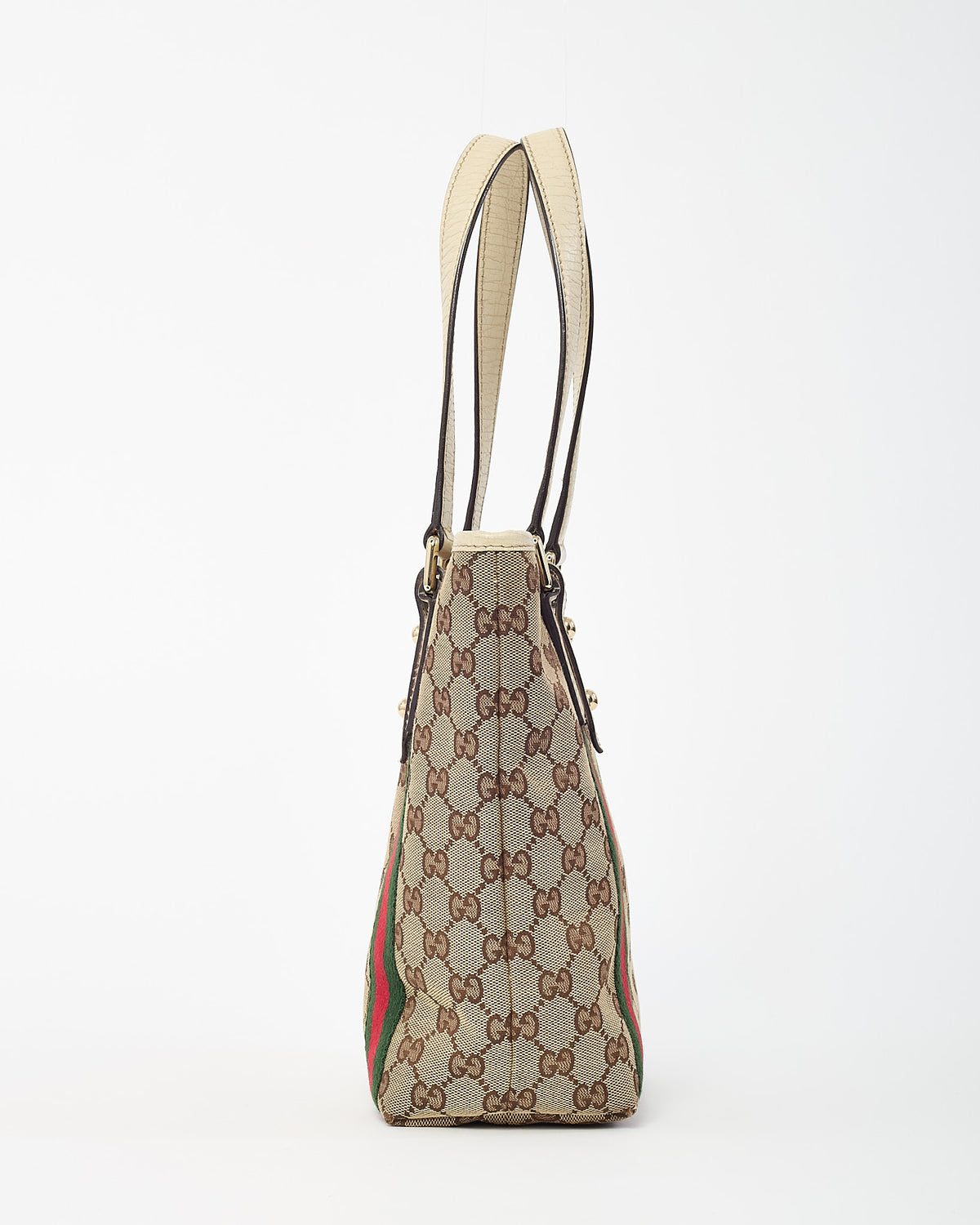 Gucci White Leather and Beige/Brown GG Monogram Canvas Jolicoeur Mini Tote Bag