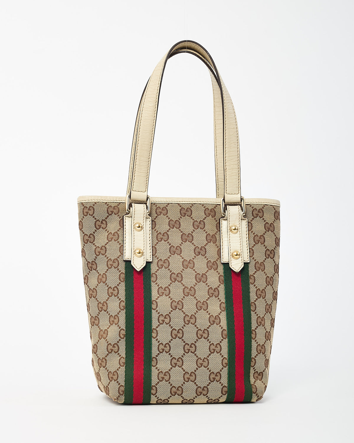 Gucci White Leather and Beige/Brown GG Monogram Canvas Jolicoeur Mini Tote Bag