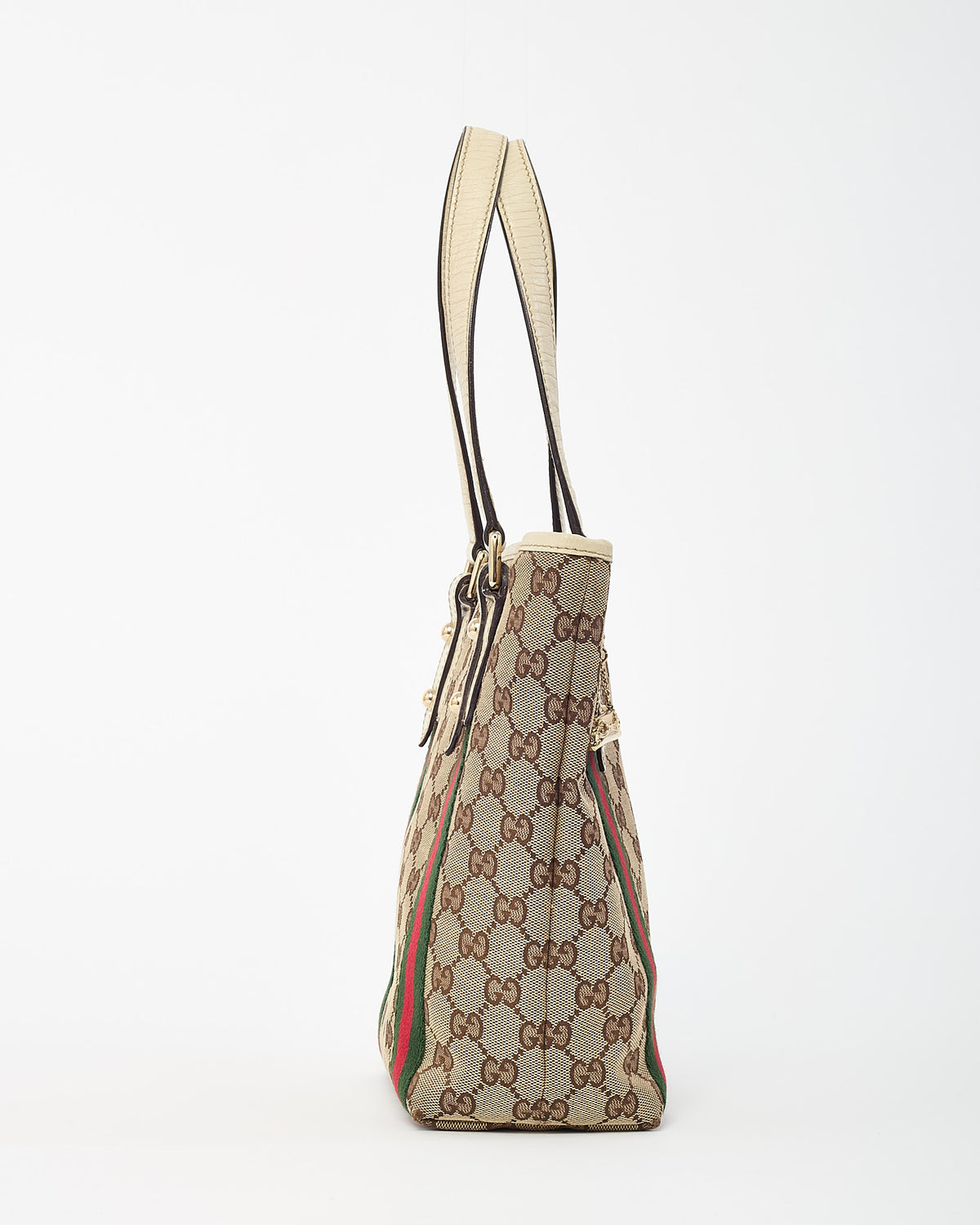 Gucci White Leather and Beige/Brown GG Monogram Canvas Jolicoeur Mini Tote Bag
