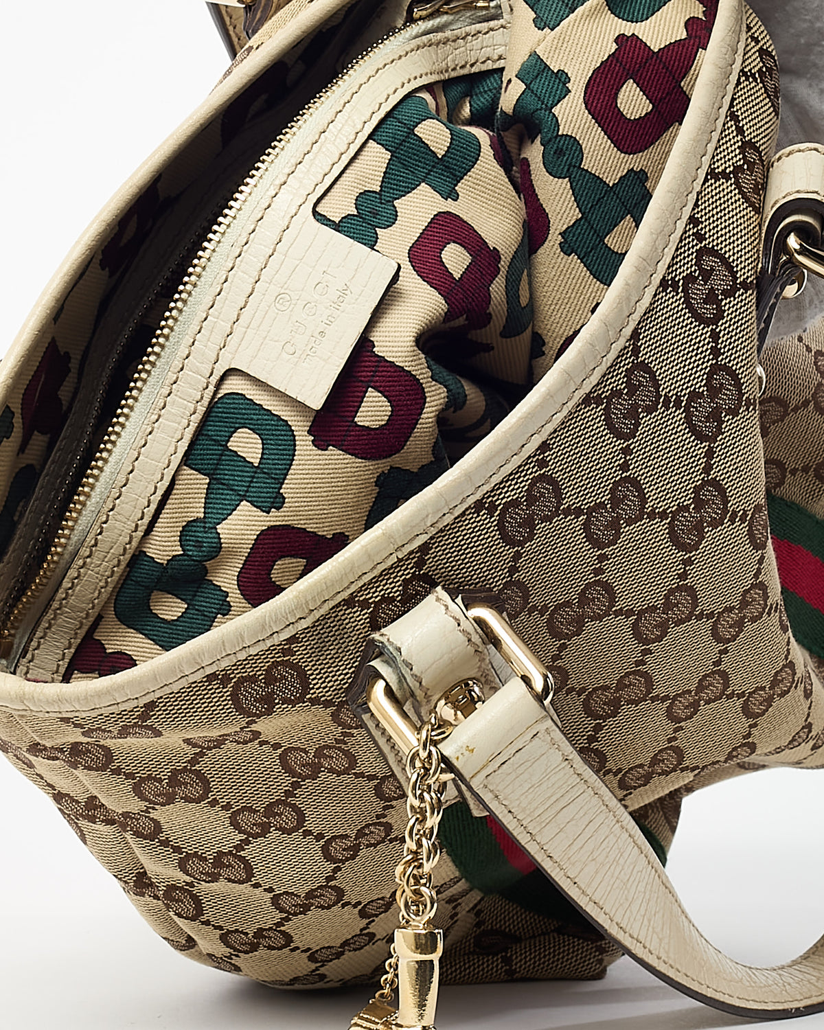 Gucci White Leather and Beige/Brown GG Monogram Canvas Jolicoeur Mini Tote Bag