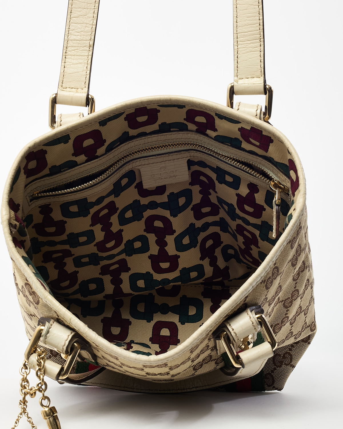 Gucci White Leather and Beige/Brown GG Monogram Canvas Jolicoeur Mini Tote Bag