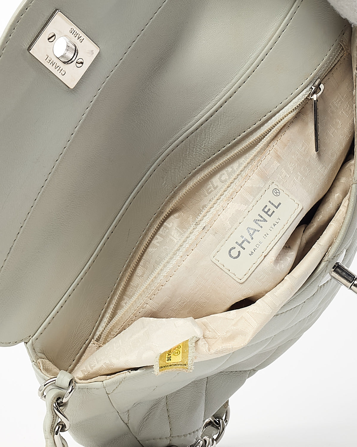 Chanel Grey Lambskin Quilted Leather SHW CC Logo Chain Flap Bag