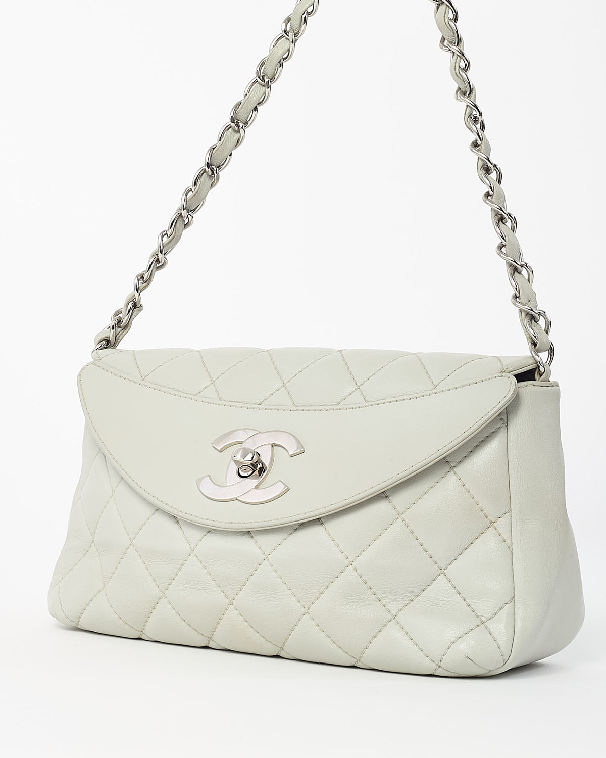 Chanel Grey Lambskin Quilted Leather SHW CC Logo Chain Flap Bag