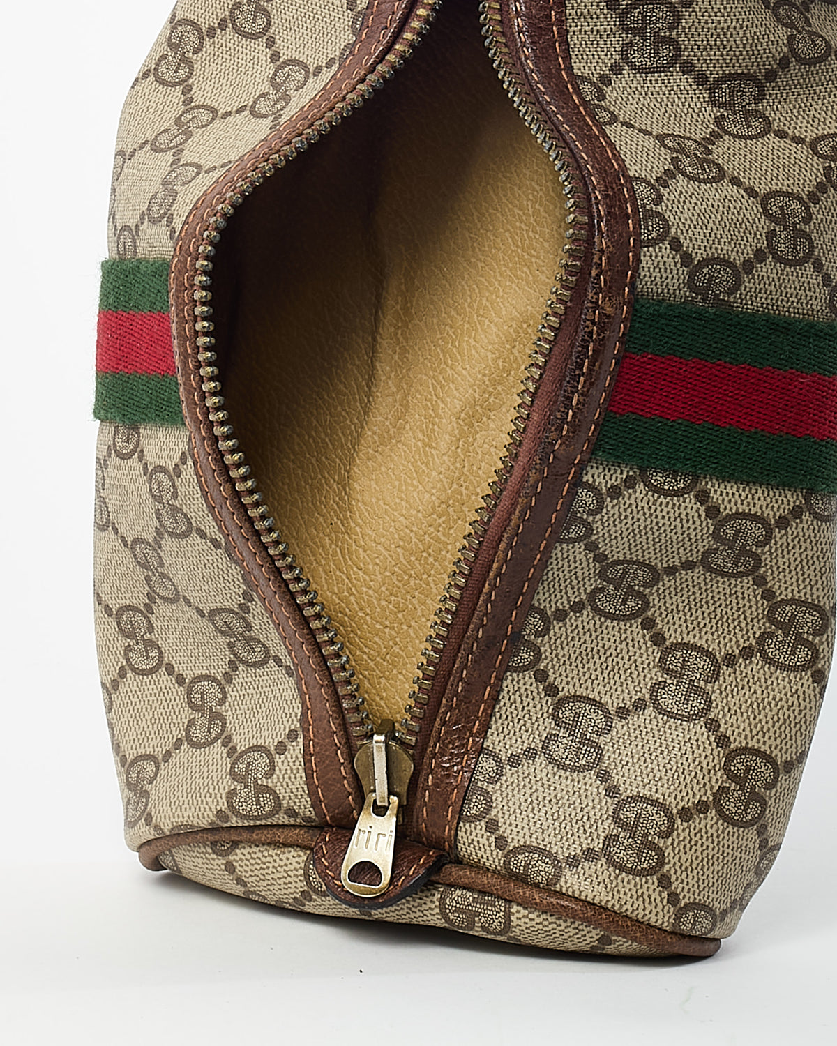 Gucci (Perfumes) Vintage Beige/Brown GG Monogram Coated Canvas Web Stripe Zip Pouch