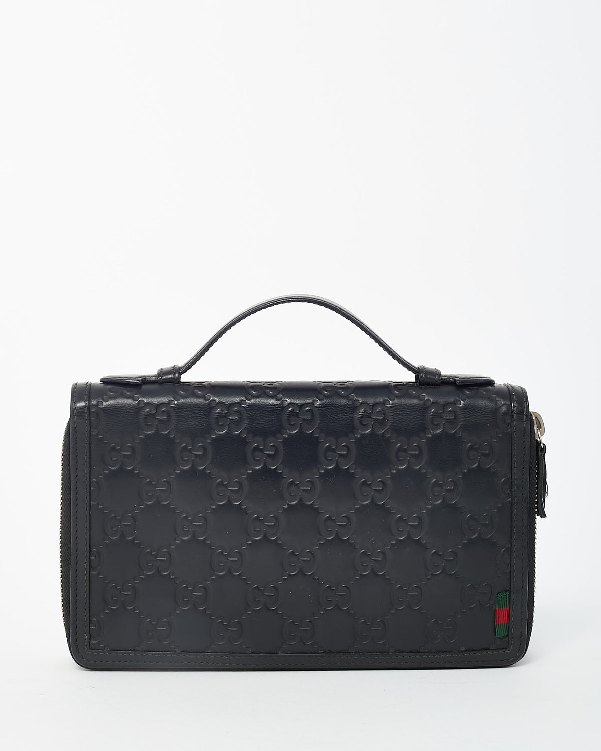 Gucci Black Signature GG Monogram Embossed Leather Zip Around Top Handle Travel Wallet