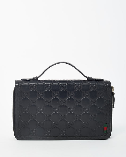 Gucci Black Signature GG Monogram Embossed Leather Zip Around Top Handle Travel Wallet