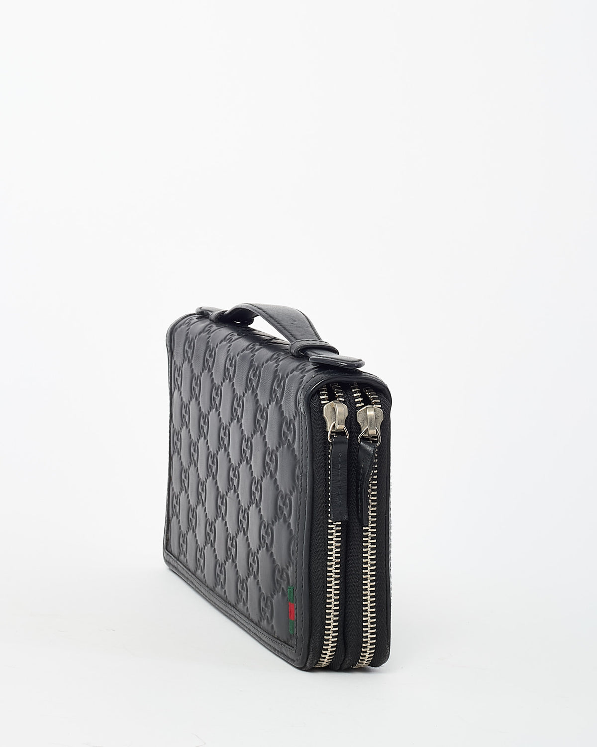 Gucci Black Signature GG Monogram Embossed Leather Zip Around Top Handle Travel Wallet
