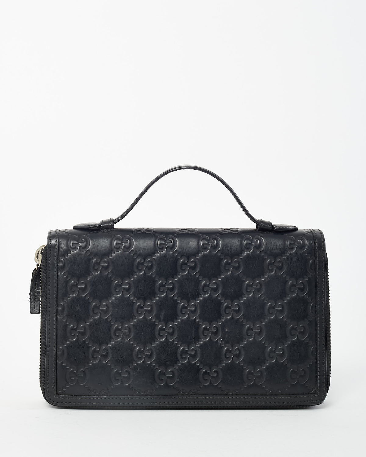 Gucci Black Signature GG Monogram Embossed Leather Zip Around Top Handle Travel Wallet