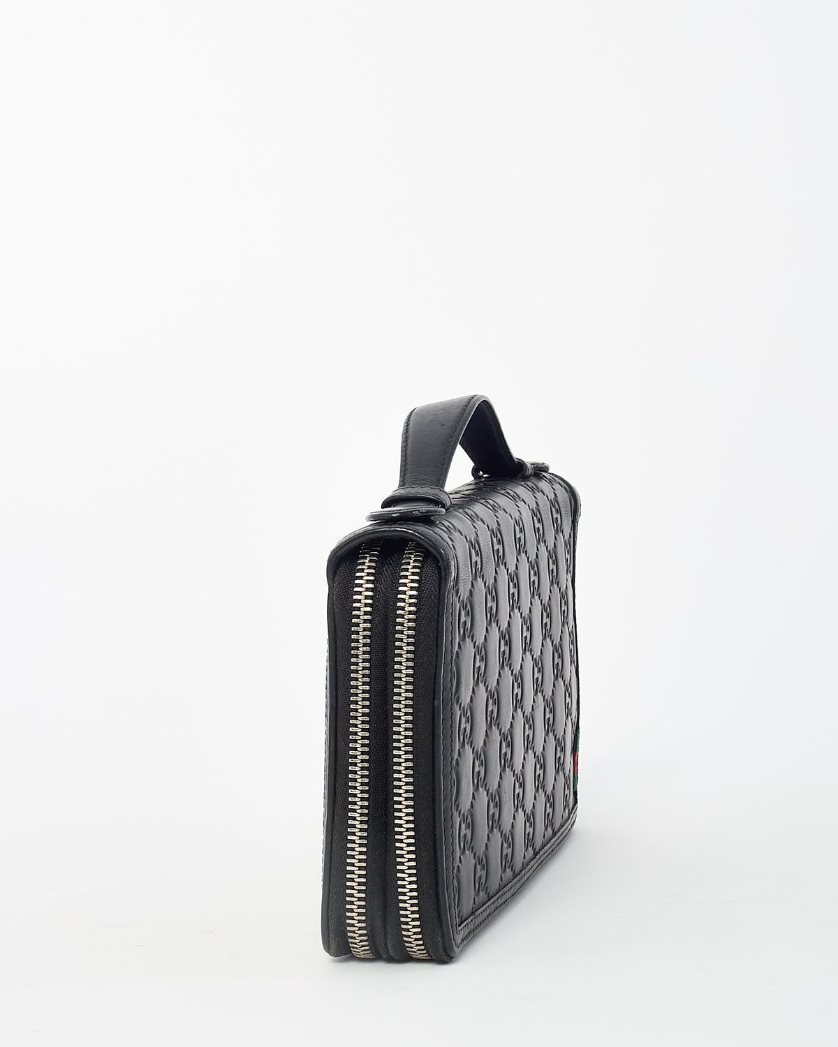 Gucci Black Signature GG Monogram Embossed Leather Zip Around Top Handle Travel Wallet