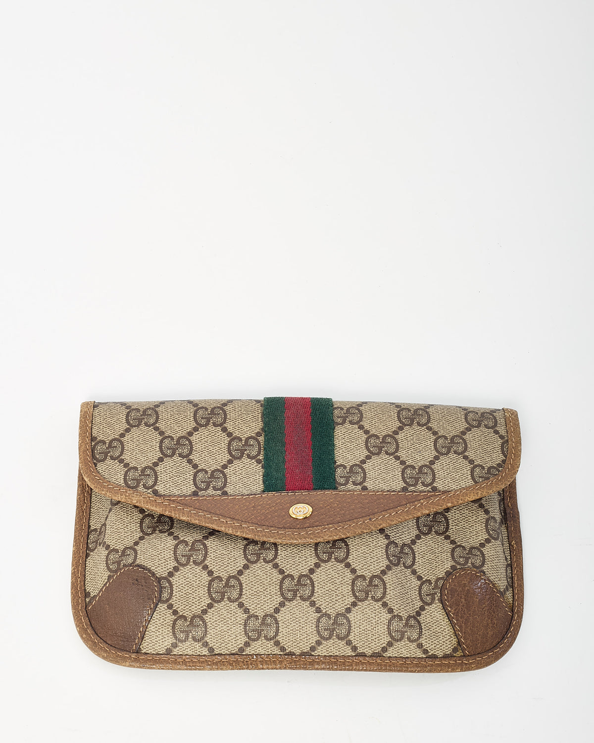 Gucci Vintage Beige/Brown GG Monogram Coated Canvas Web Stripe Flap Pouch