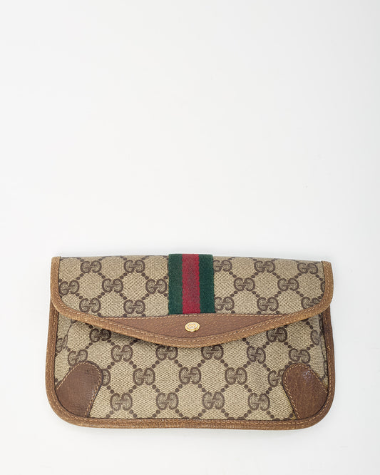 Gucci Vintage Beige/Brown GG Monogram Coated Canvas Web Stripe Flap Pouch