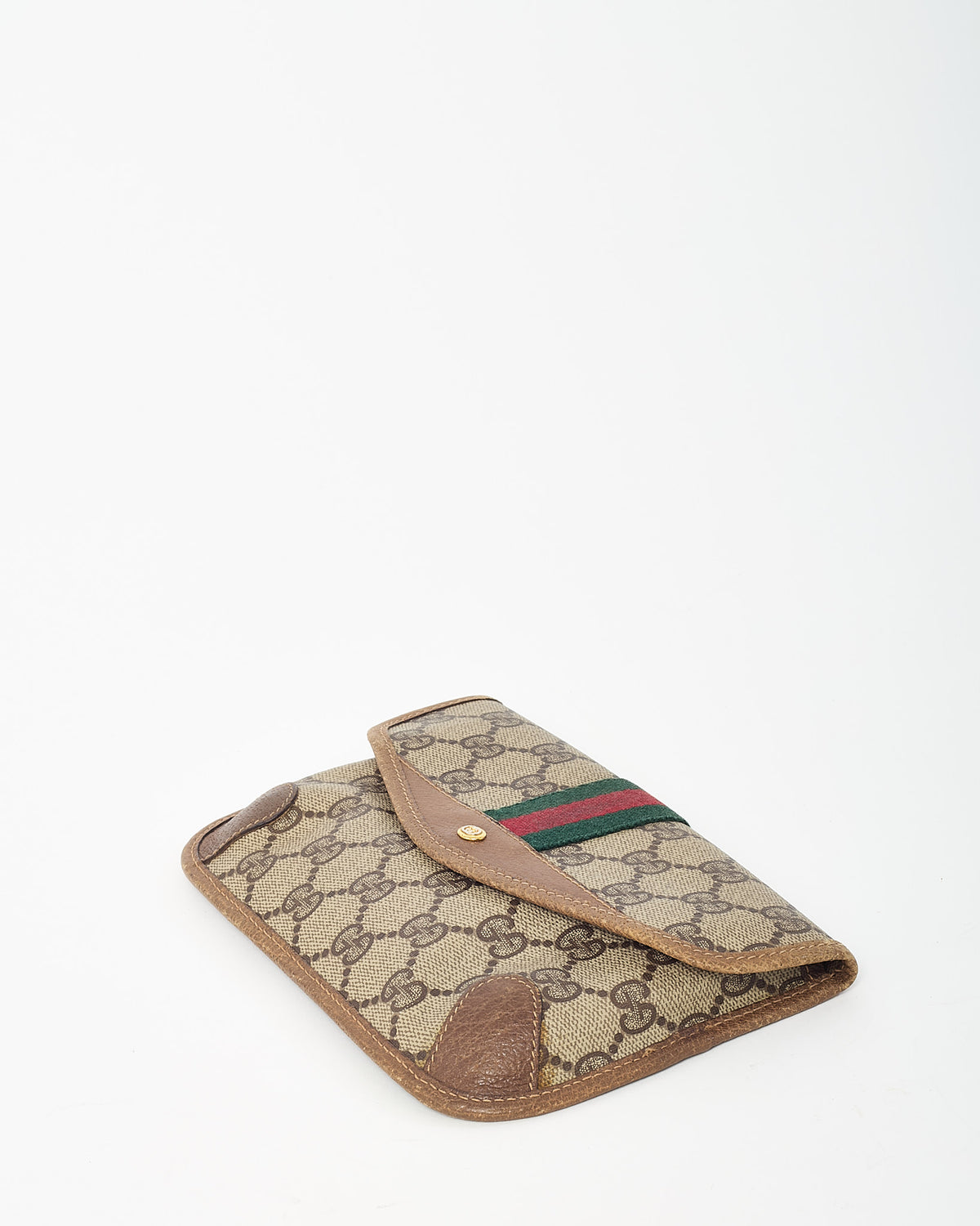 Gucci Vintage Beige/Brown GG Monogram Coated Canvas Web Stripe Flap Pouch