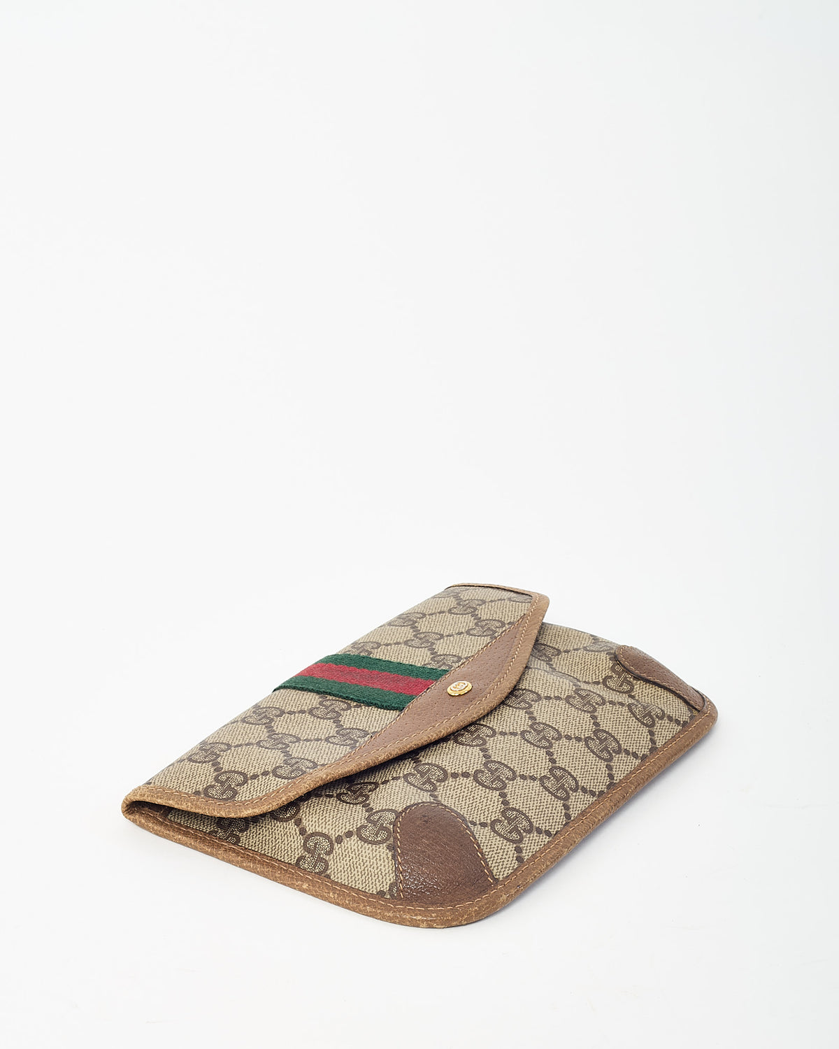 Gucci Vintage Beige/Brown GG Monogram Coated Canvas Web Stripe Flap Pouch