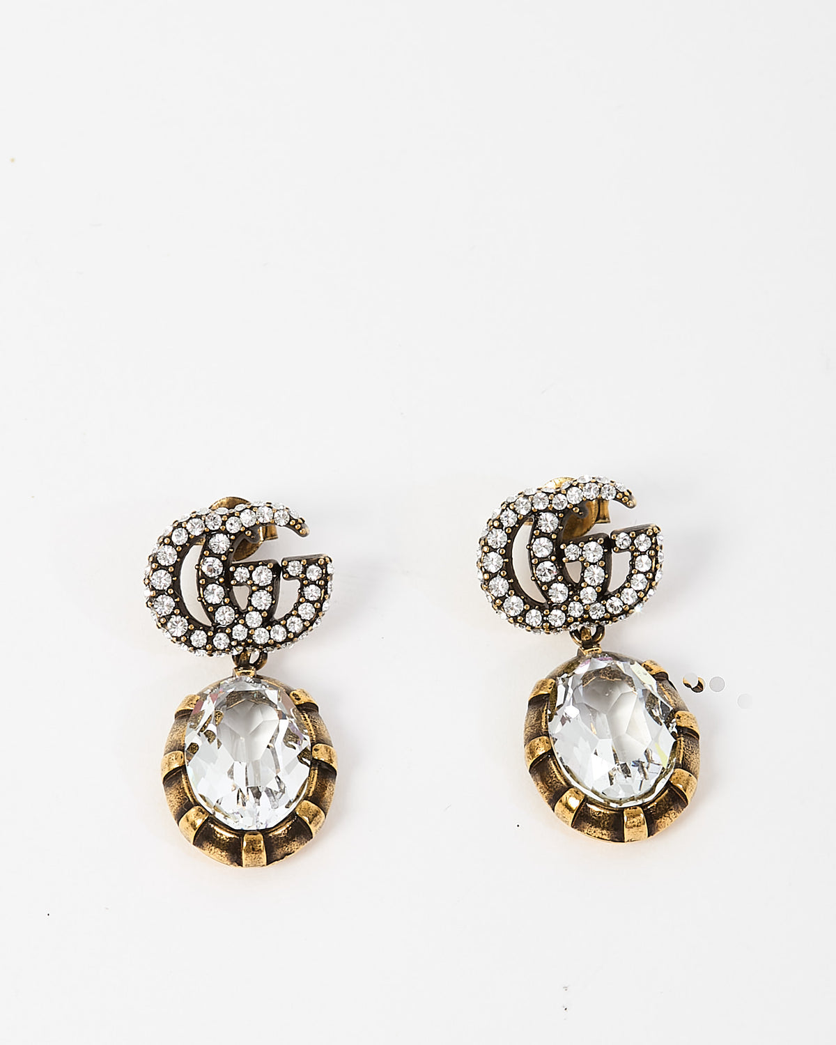 Gucci Silver Crystal Double G Gold-tone Brass Crystal Stone Drop Earrings