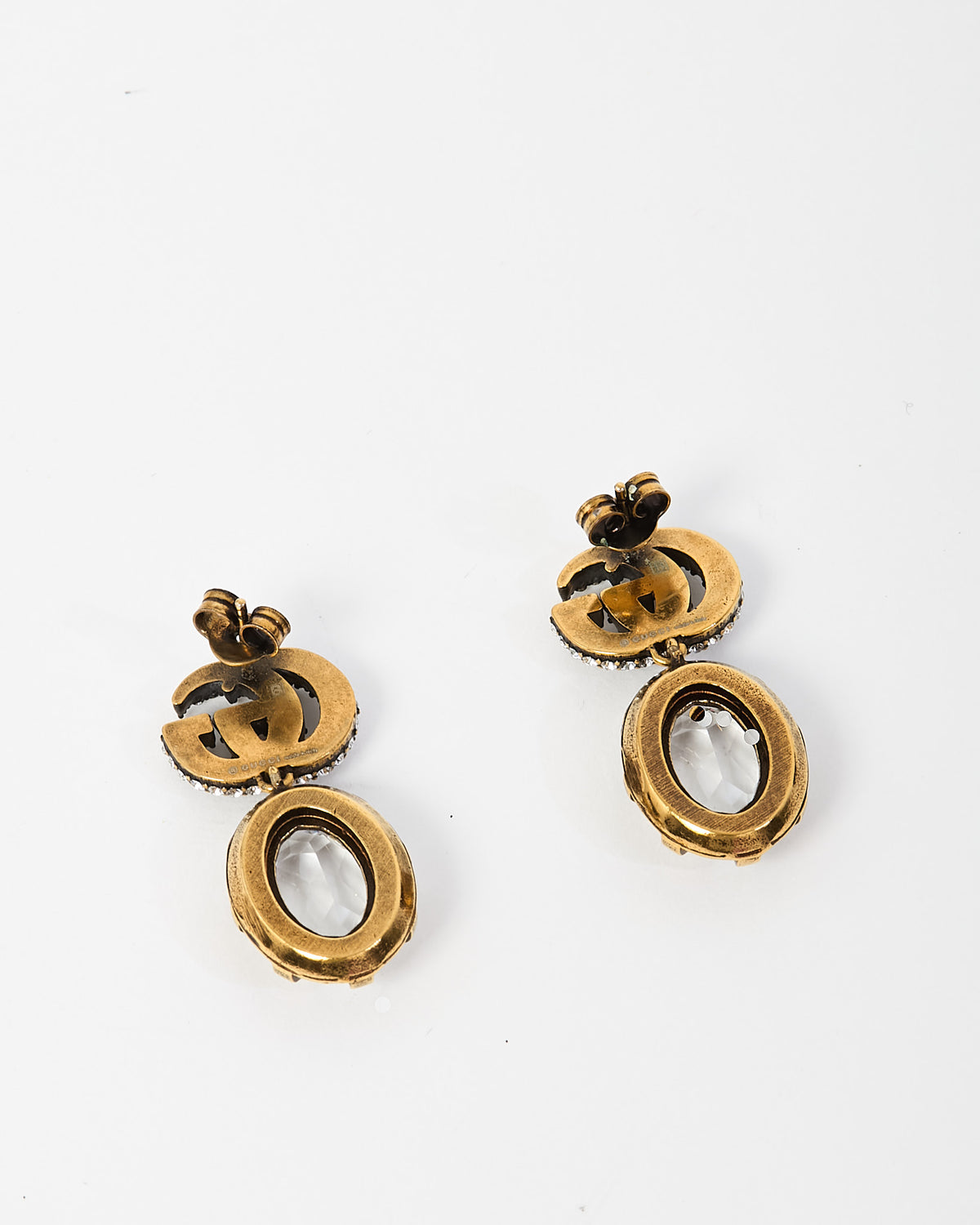 Gucci Silver Crystal Double G Gold-tone Brass Crystal Stone Drop Earrings