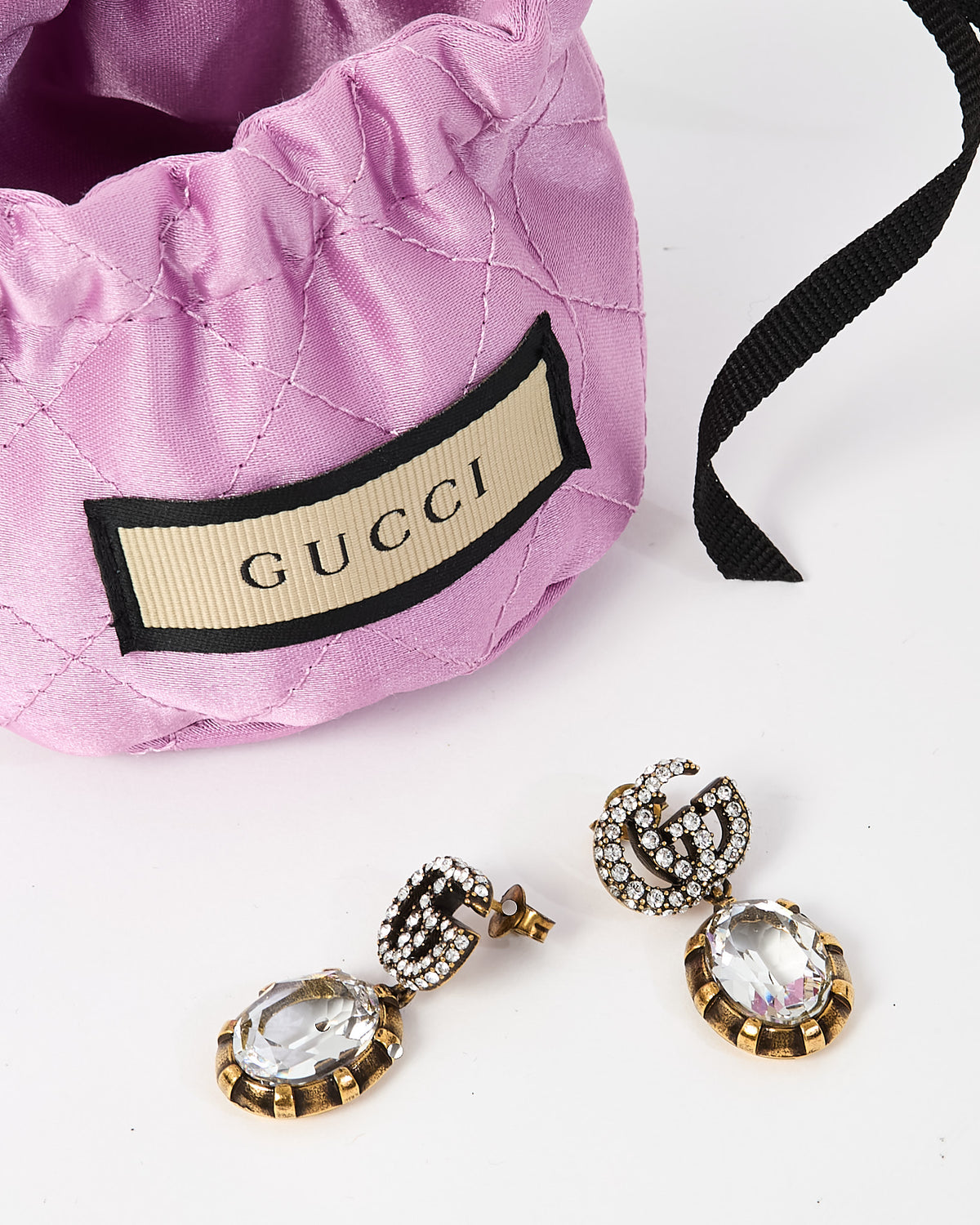 Gucci Silver Crystal Double G Gold-tone Brass Crystal Stone Drop Earrings