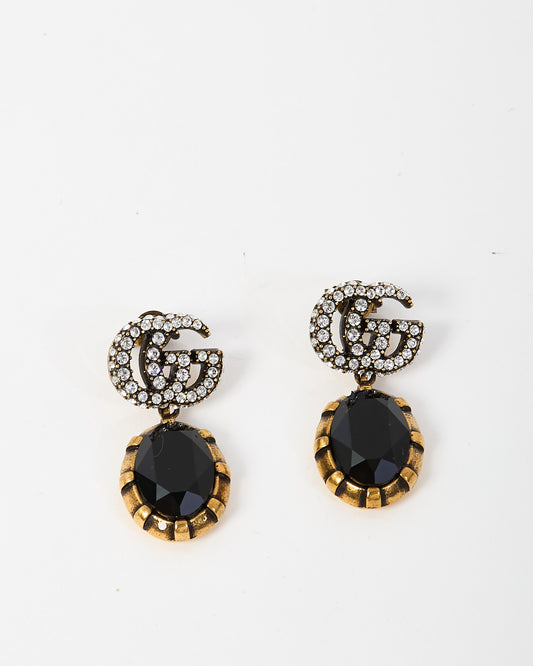 Gucci Silver Crystal Double G Gold-tone Brass Black Stone Drop Earrings