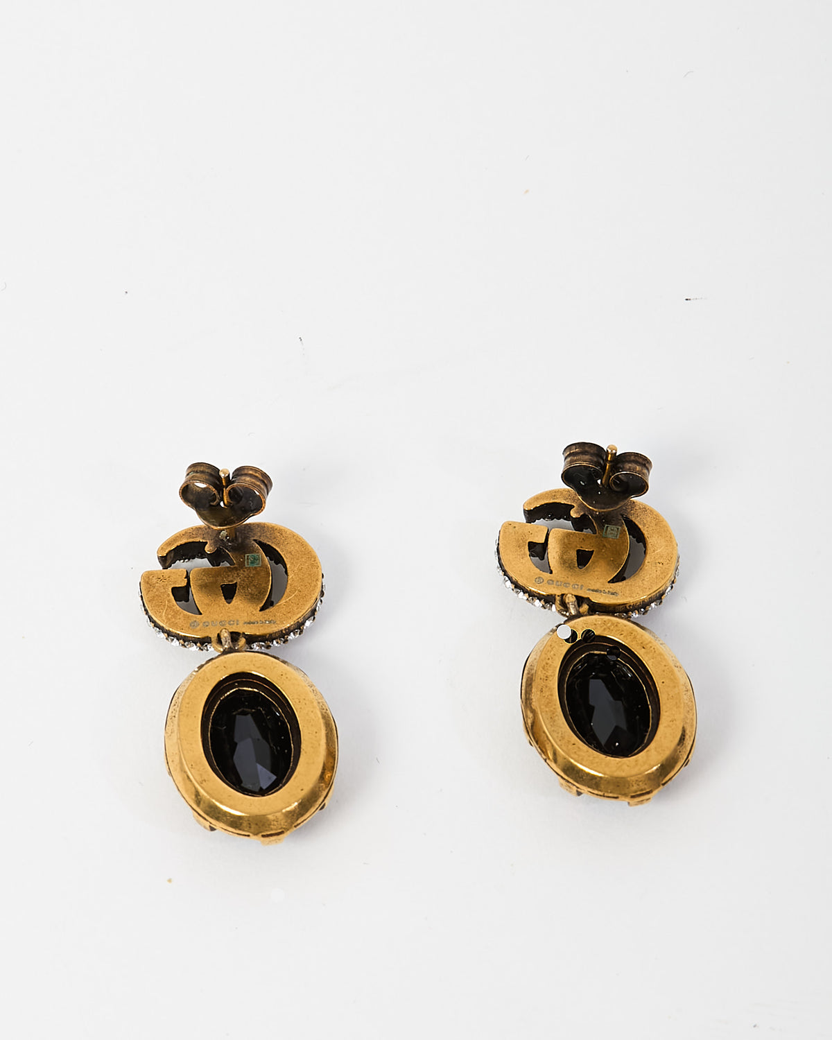 Gucci Silver Crystal Double G Gold-tone Brass Black Stone Drop Earrings