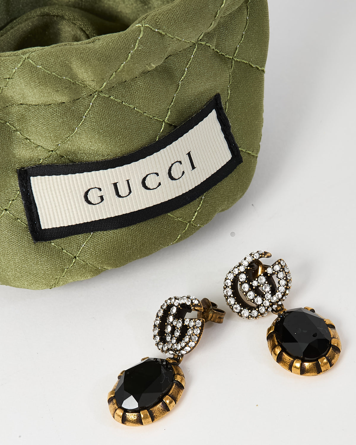Gucci Silver Crystal Double G Gold-tone Brass Black Stone Drop Earrings