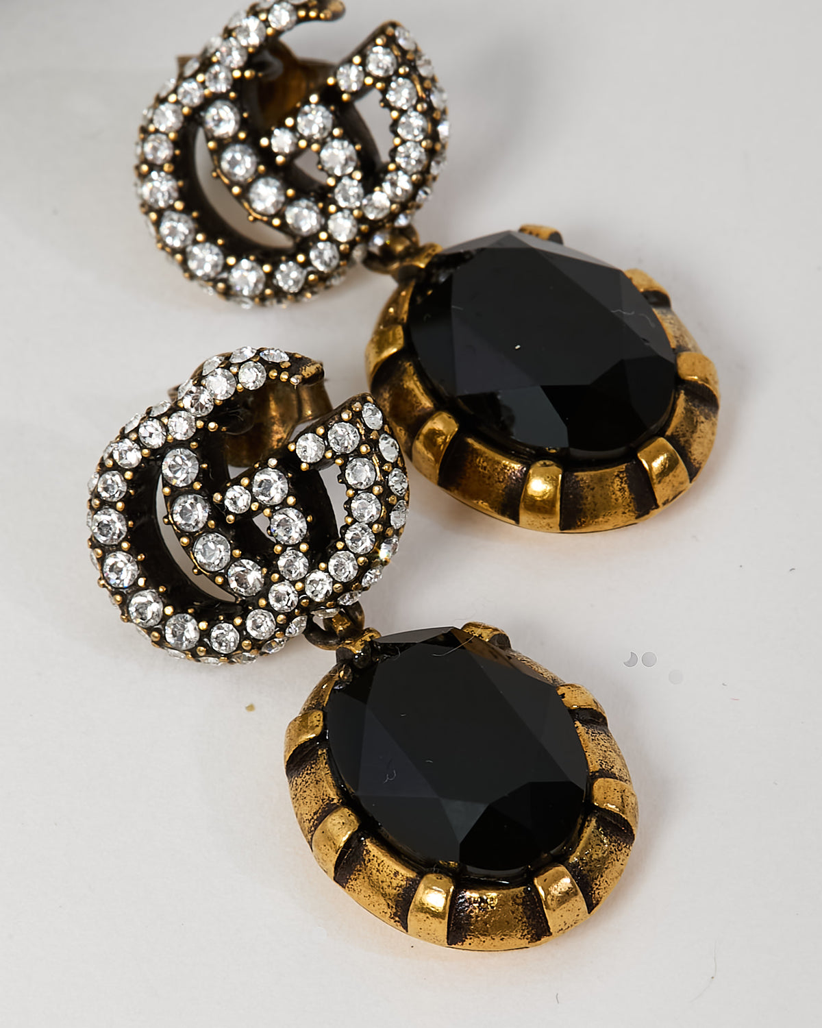 Gucci Silver Crystal Double G Gold-tone Brass Black Stone Drop Earrings