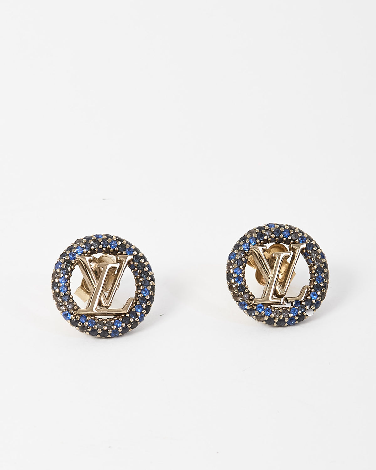 Louis Vuitton Gold Metal and Blue Crystal LV Logo Louise Tresor Earrings