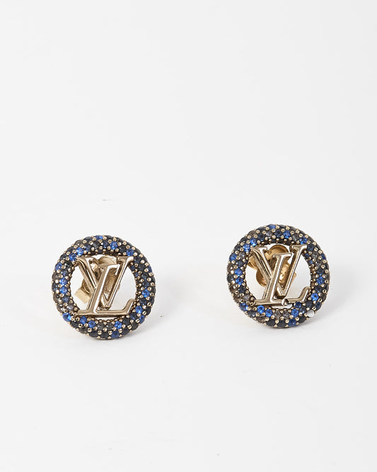 Louis Vuitton Gold Metal and Blue Crystal LV Logo Louise Tresor Earrings