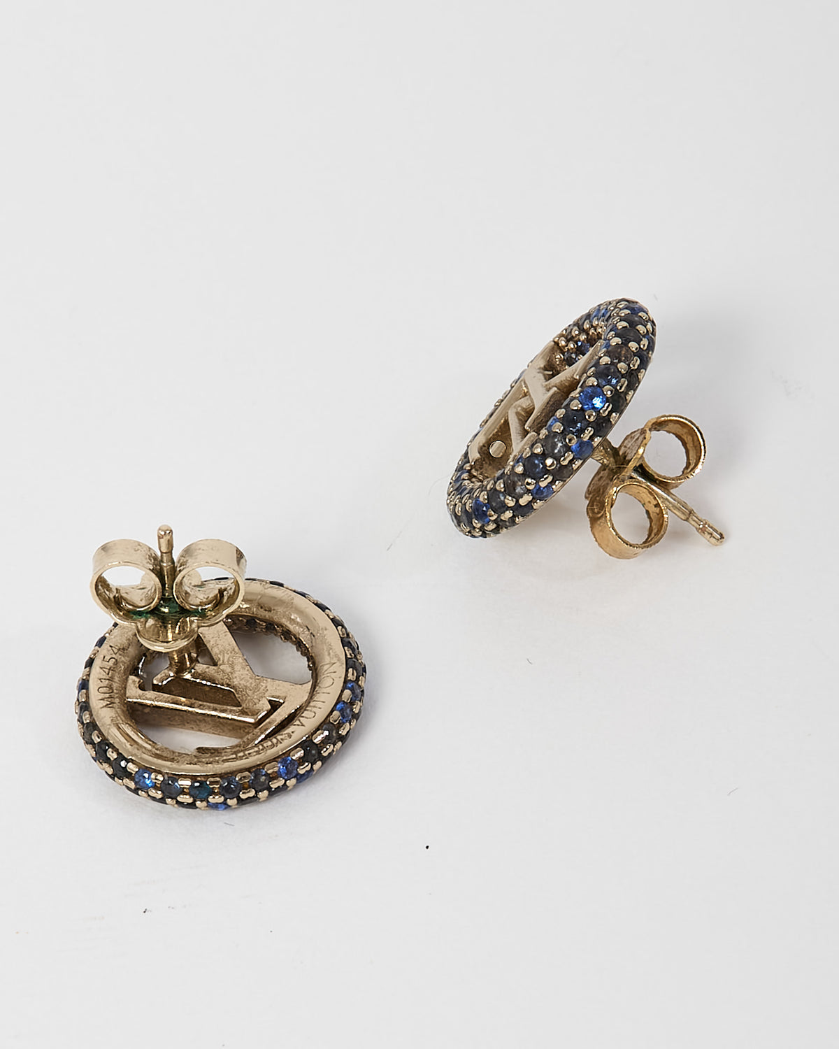 Louis Vuitton Gold Metal and Blue Crystal LV Logo Louise Tresor Earrings