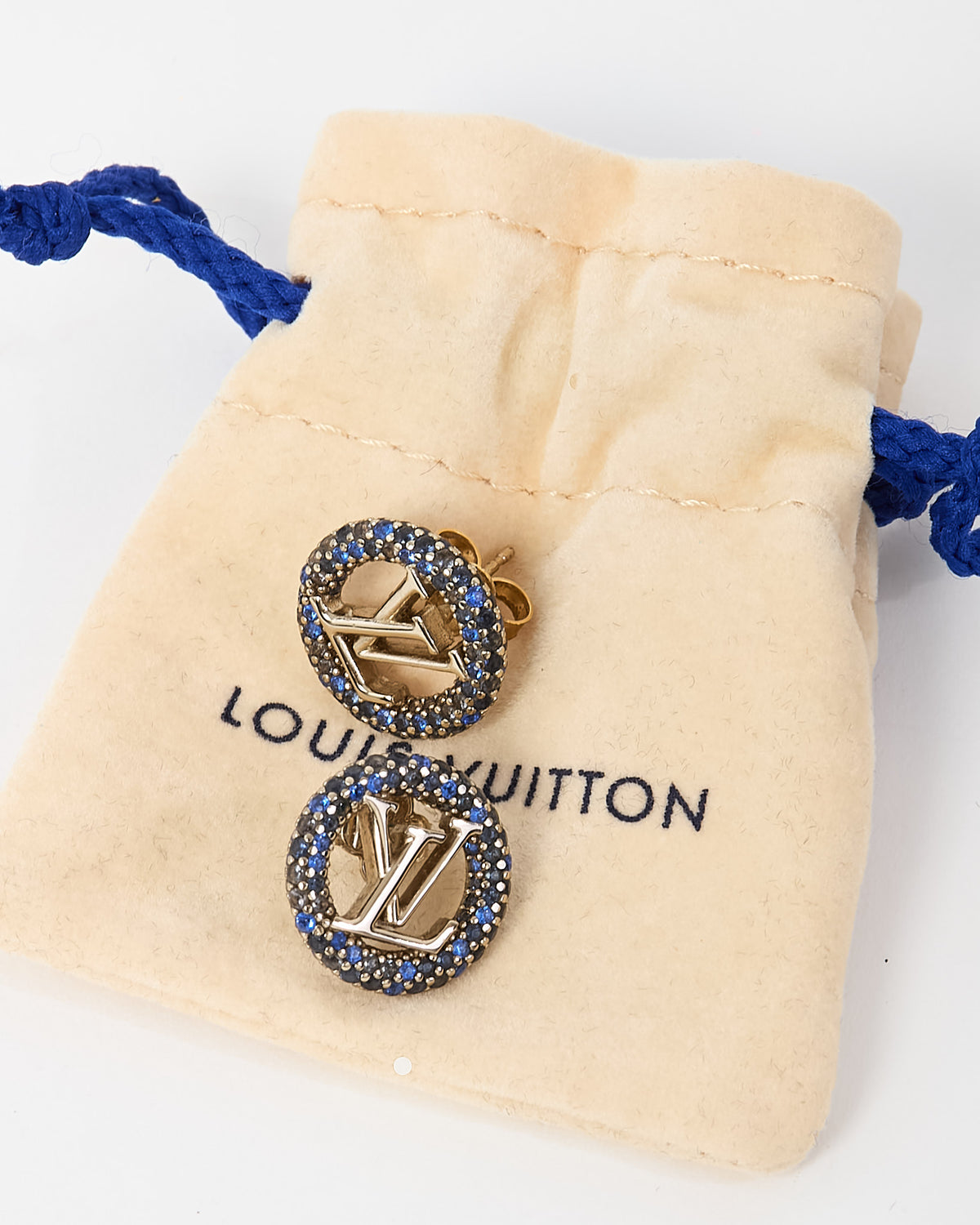 Louis Vuitton Gold Metal and Blue Crystal LV Logo Louise Tresor Earrings