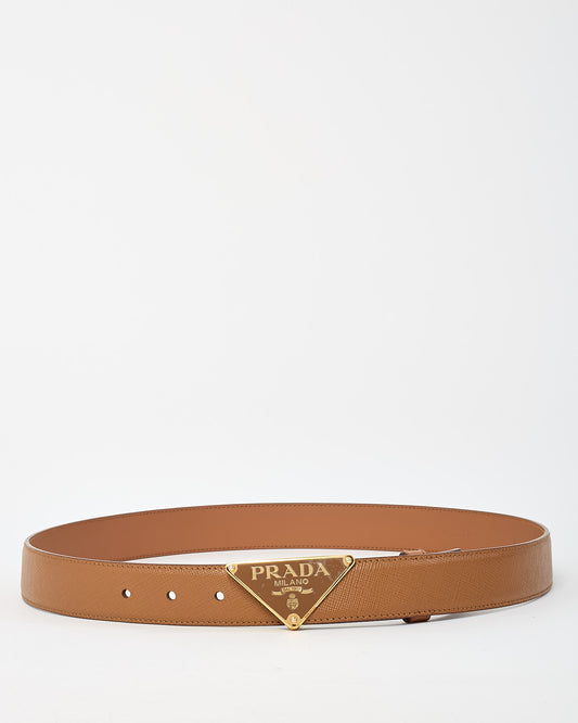 Prada Tan Saffiano Leather Gold Triangle Logo Thin Belt - 90/36