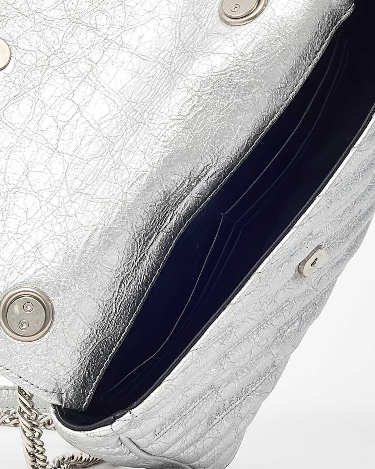 Balenciaga Metallic Silver BB Logo Embossed Leather Small Chain Flap Bag