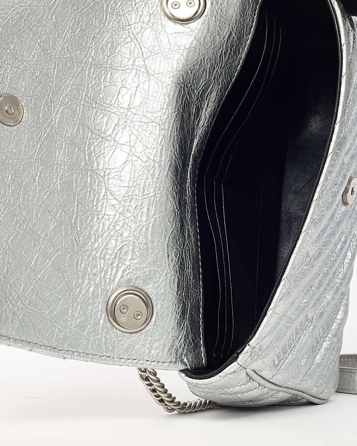 Balenciaga Metallic Silver BB Logo Embossed Leather Small Chain Flap Bag
