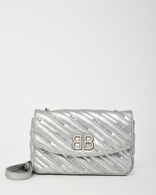 Balenciaga Metallic Silver BB Logo Embossed Leather Small Chain Flap Bag