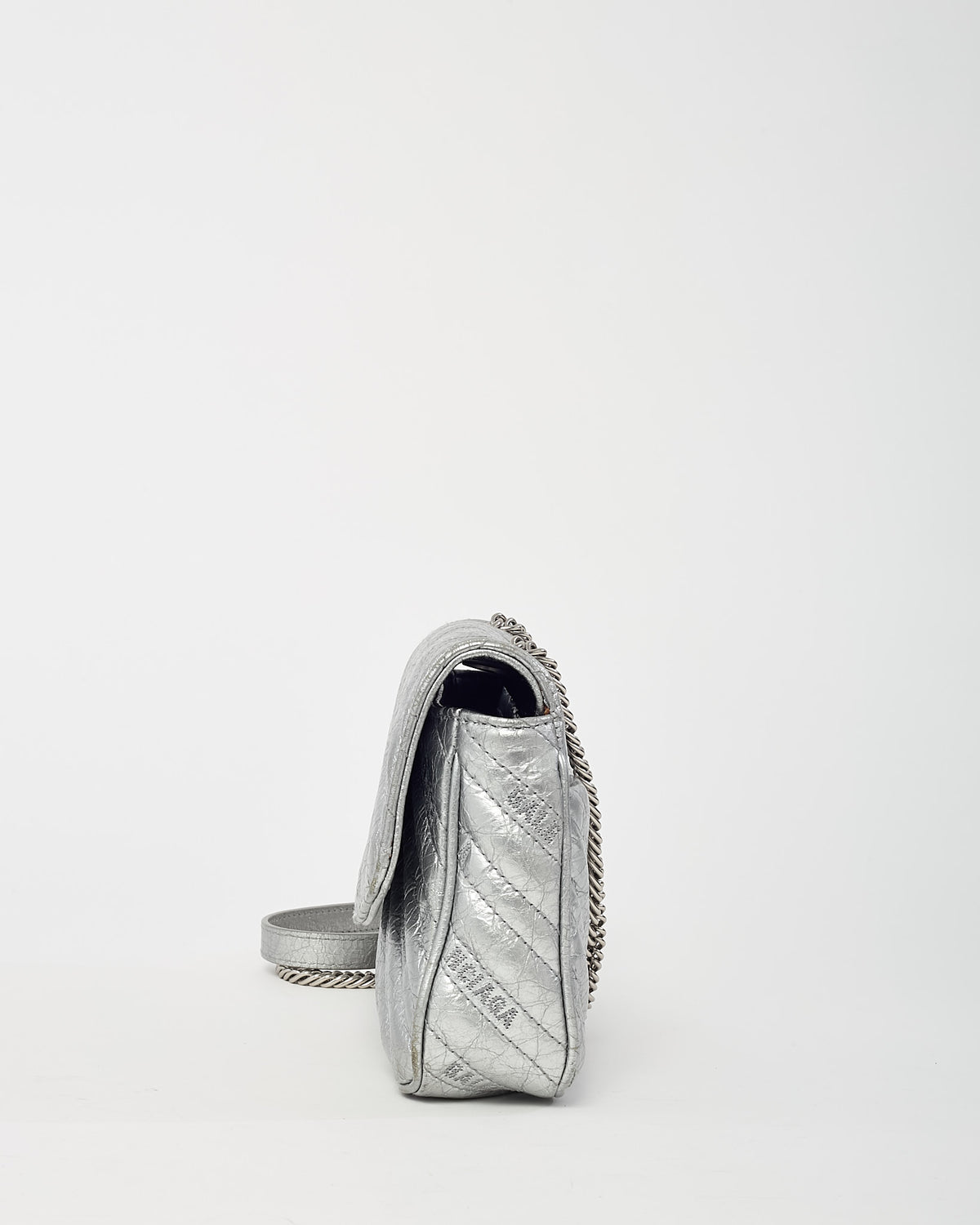 Balenciaga Metallic Silver BB Logo Embossed Leather Small Chain Flap Bag