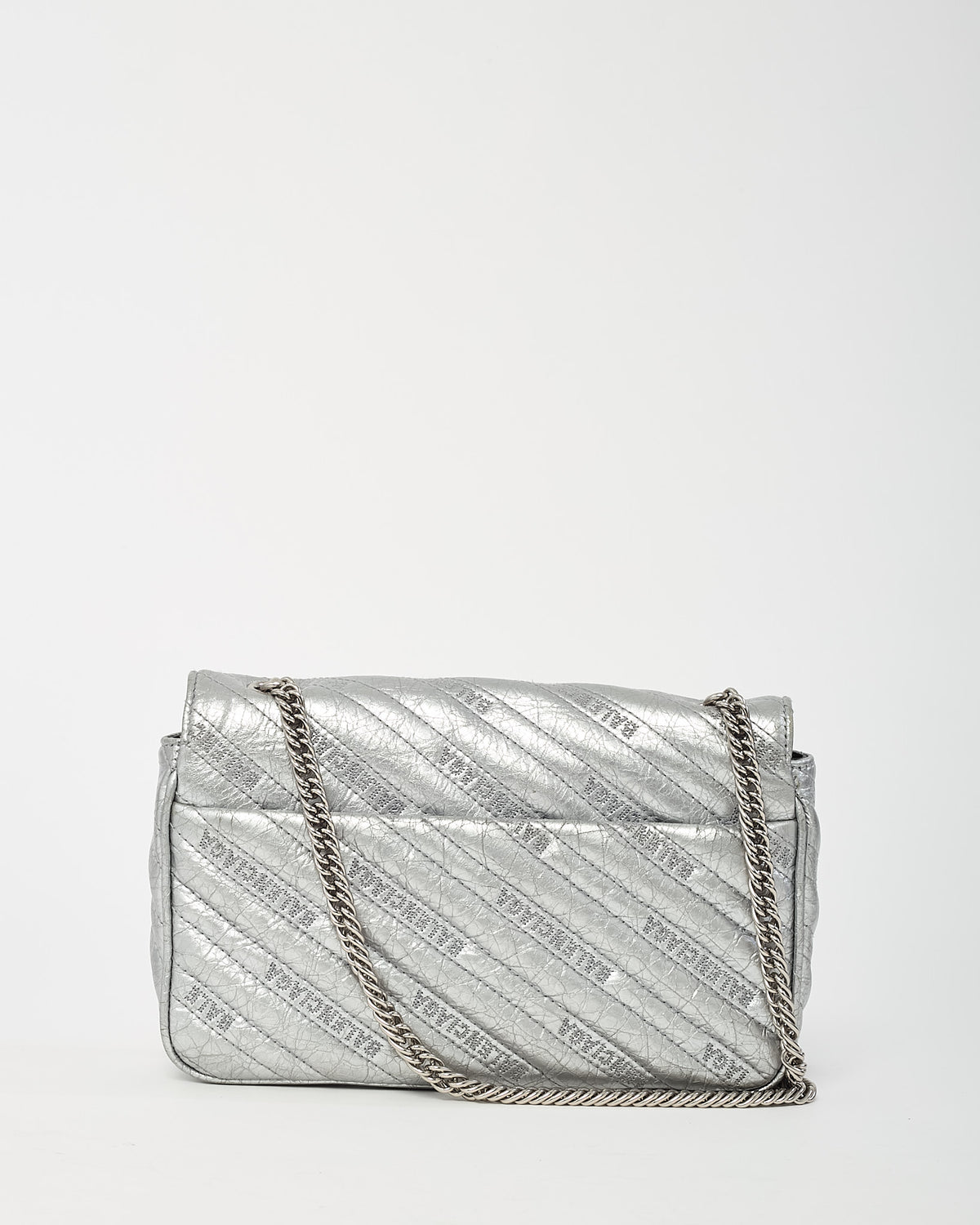 Balenciaga Metallic Silver BB Logo Embossed Leather Small Chain Flap Bag
